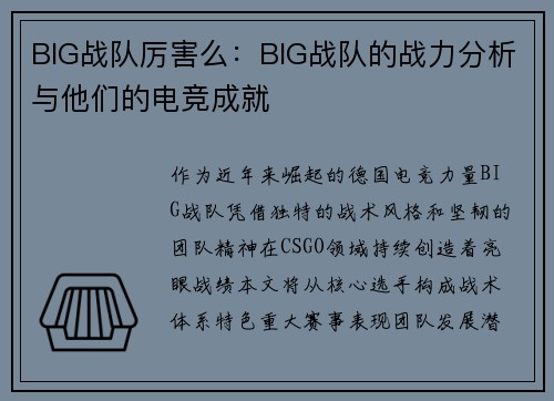 BIG战队厉害么：BIG战队的战力分析与他们的电竞成就
